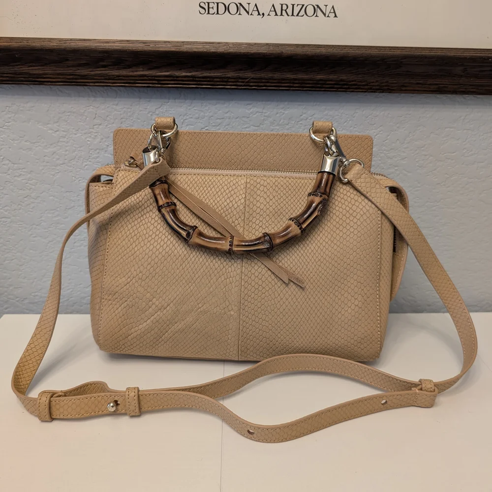 Elaine Turner Tan Snakeskin Embossed Leather Bamboo Handle Satchel Crossbody Bag